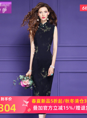 菲梦伊新中式印花黑色连衣裙女夏装法式复古国风修身气质旗袍礼服