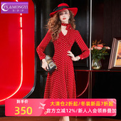 复古港风本命年收腰中长款 菲梦伊红色波点连衣裙女长袖 秋季 大摆裙