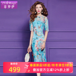 菲梦伊100桑蚕丝原创印花连衣裙女夏装高端真丝钉珠改良旗袍裙子