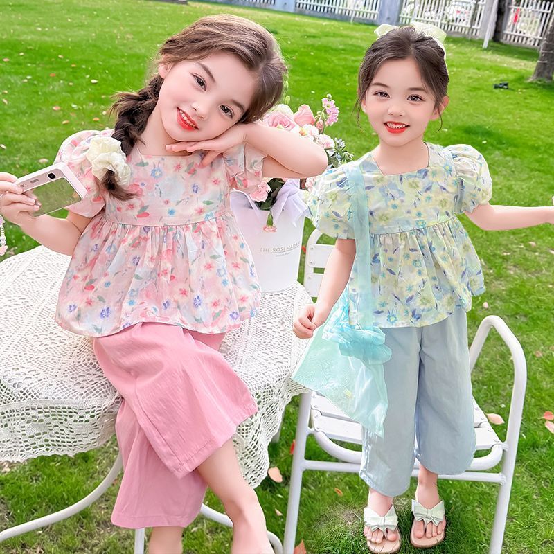 女童夏装2025新款中小童碎花短袖上衣裤子套装夏季韩版甜美两件套