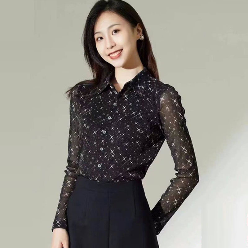 女装商场同款春秋新款修身百搭翻领金银丝星空网纱长袖衬衫女上衣