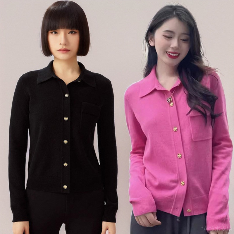 商场同款女装春秋新款简约百搭翻领羊绒长袖针织开衫外套1499186