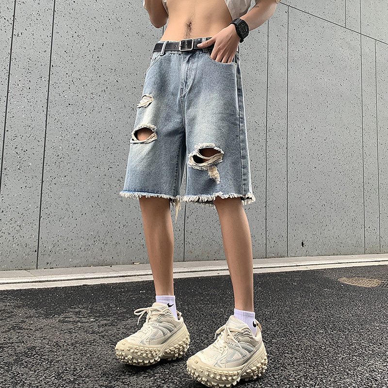 2025夏款毛边破洞纯色水洗宽松五分牛仔裤XZ503-1DK505P45控68,男装牛仔裤,星座503-1