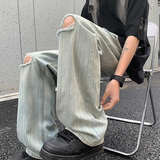 2024竹节纹牛仔男女款破洞纯色宽松直筒裤XZ503-1K826P60控88，男装休闲裤，星座503-1