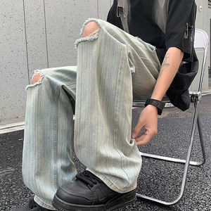 2024竹节纹牛仔男女款破洞纯色宽松直筒裤XZ503-1K826P60控88图片