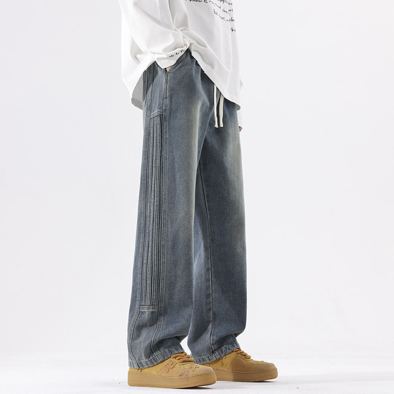 2025秋冬新款元素三条杠拼接牛仔长裤现货XZ503-K841P55控78，男装休闲裤，星座503-1