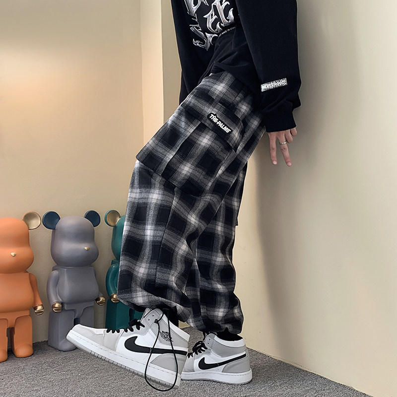 美式复古男女同款黑白格子直筒抽绳休闲裤加绒XZ503-1K5005P55-65,男装卫衣,星座503-1