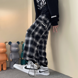 美式复古男女同款黑白格子直筒抽绳休闲裤加绒XZ503-1K5005P55-65图片