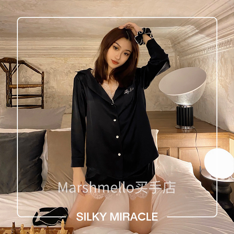 [6折]SILKY MIRACLE LADY-S复古真丝拼蕾丝睡衣套装短裤奢侈家居