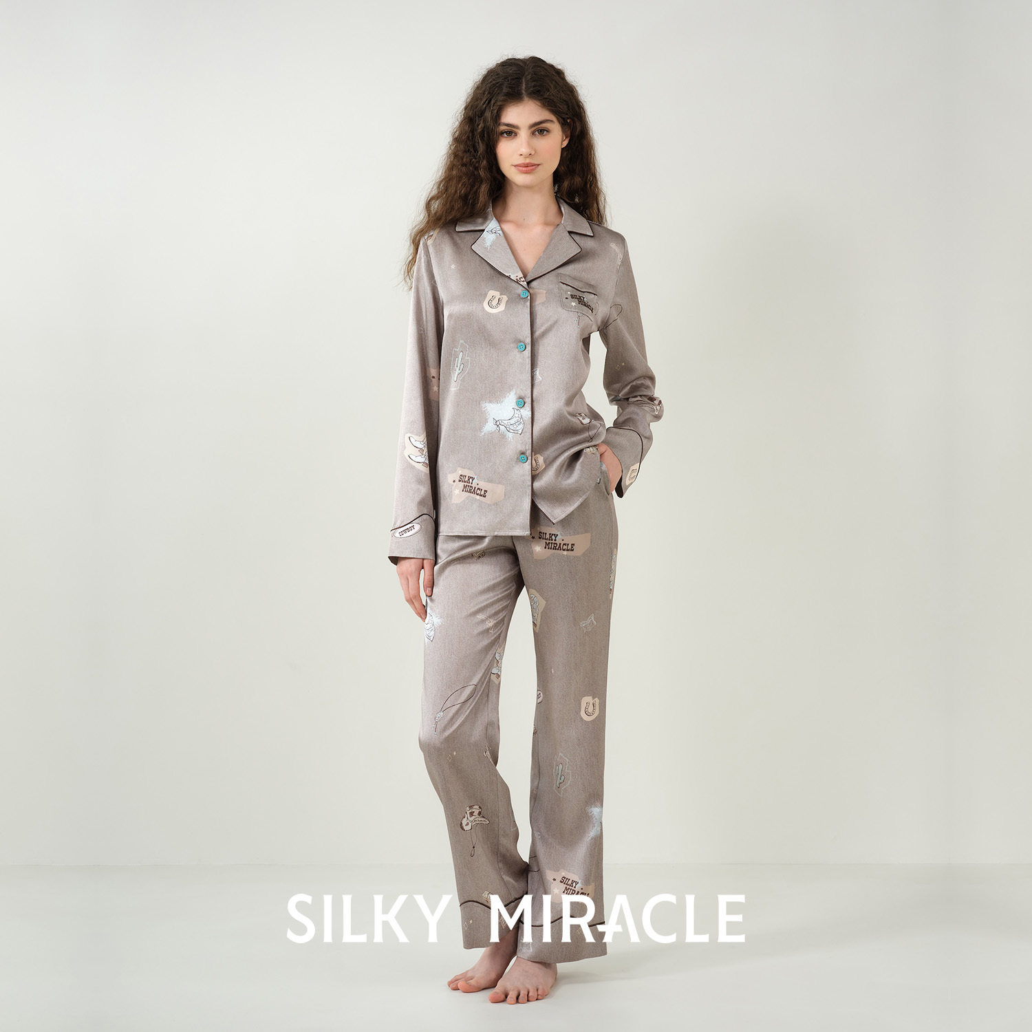 7折起SILKY MIRACLE真丝睡衣女Cowboy西部牛仔印花桑蚕丝情侣套装