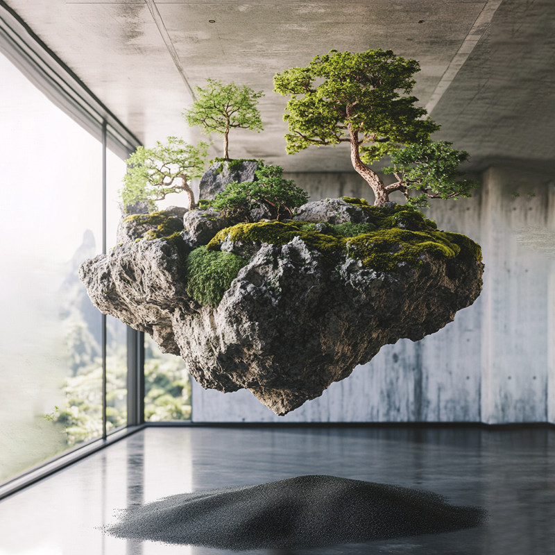 现代中式茶室办公室会所玄关垂吊吊垂盆景假山石仿真悬浮岛景观,家居饰品,仿真植物盆景,淘宝优惠券,粉丝福利购,淘宝优惠卷