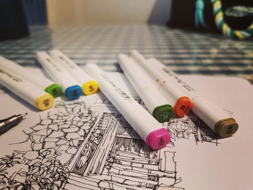 纯手绘彩色马克笔风景速写 室内效果图手绘练习稿 可定做