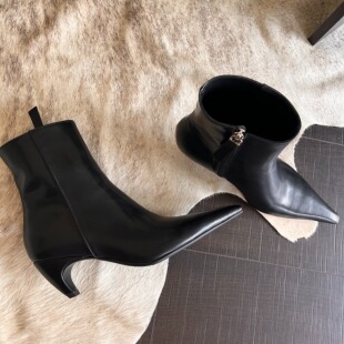 msmessa法式 绝美高跟女超火中跟粗跟巨好看真皮裸靴尖头短靴