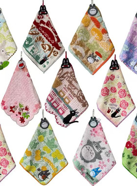 出口日本原单宫崎骏可挂卡通刺绣龙猫纯棉柔软全棉舒适吸水小方巾