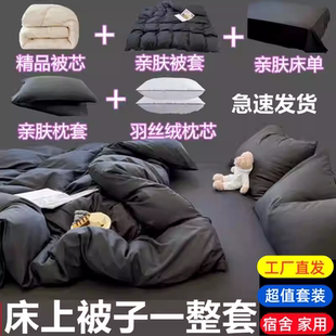 四季被子带被套三四件套纯色可拆洗单双人加厚保暖秋冬被褥一整套