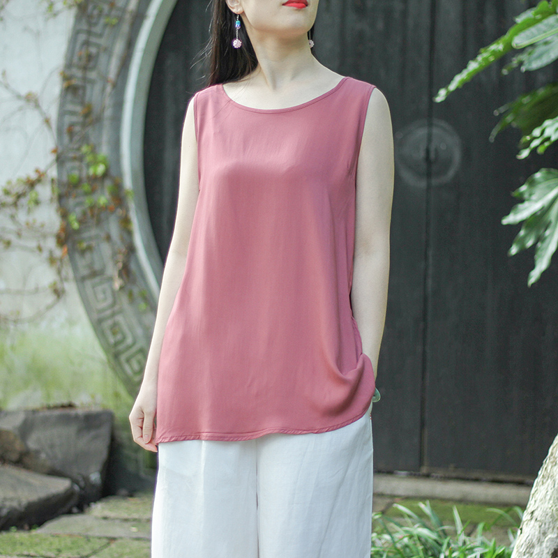 念江南新款棉绸无袖上衣女夏季外穿宽松百搭纯色圆领打底背心