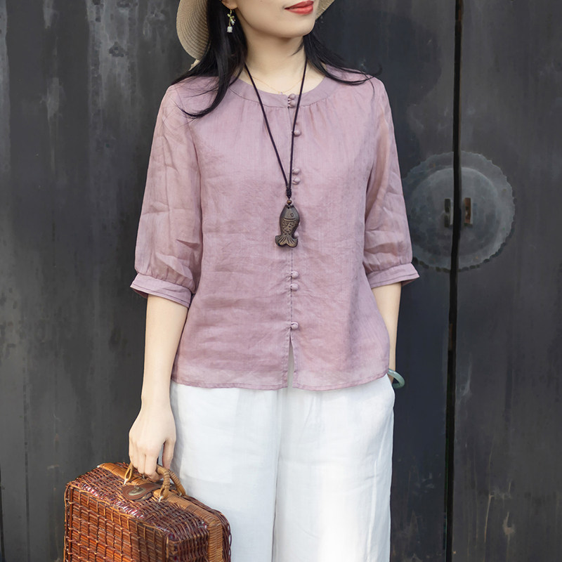 念江南轻薄透气苎麻衬衫气质衬肤提花肌理五分袖开衫休闲上衣女