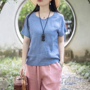 念江南设计感高端色织亚麻夏季新款休闲短袖T恤棉麻女装文艺上衣