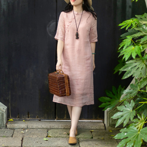 温婉苎麻刺绣小翻领显瘦旗袍裙