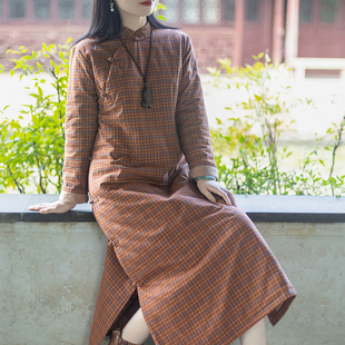 念江南复古文艺彩色格子夹棉旗袍连衣裙女立领盘扣侧开襟绗棉袍子