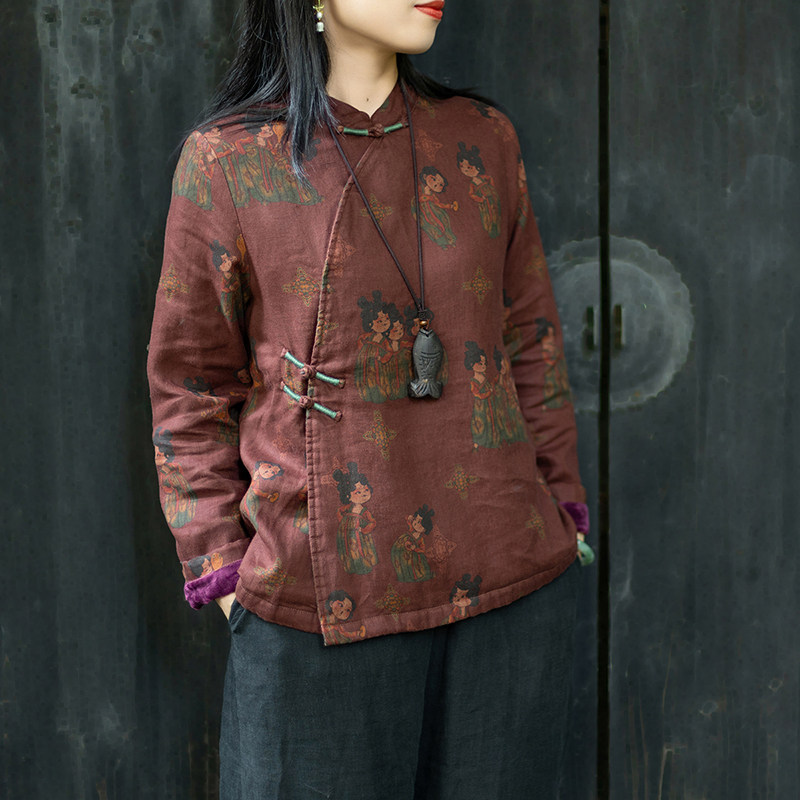 念江南灵动仕女印花亚麻加绒棉服上衣女立领绕线盘扣开襟国风小衫