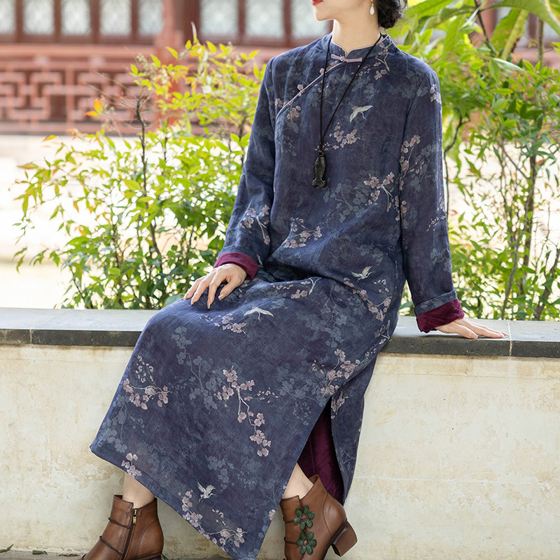 苎麻苎麻印花念江南加绒旗袍裙图片