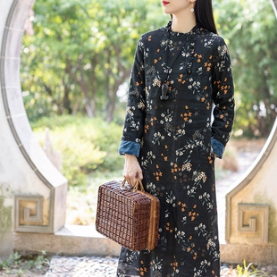 改良旗袍设计感立领印花新中式 复古连衣裙 念江南原创禅意亚麻冬季