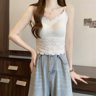 夏季 美背上衣 白色蕾丝花边背心带胸垫聚拢紧身显腰线内搭外穿短款