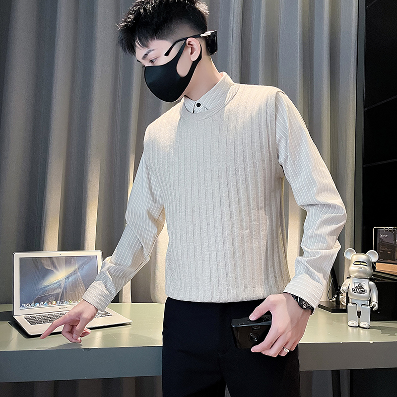 MY8021-P88控118  拼接提花衬衫领套头假两件针织衫打底长袖毛衣A