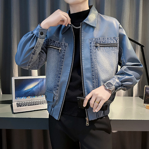 JK60105-P125控165  韩版翻领纯色水洗牛仔PU皮拼接工装夹克外套A图片