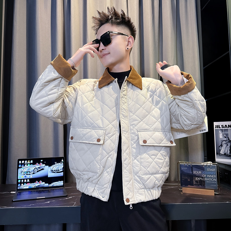 M88012-P135控175韩版潮牌纯色菱形格翻领拼接加厚保暖棉衣外套D,男装棉衣,星座308A