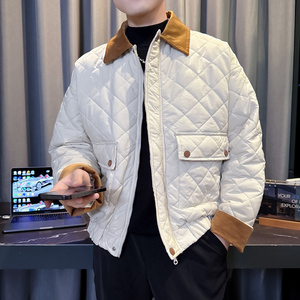 M88012-P135控175 韩版潮牌纯色菱形格翻领拼接加厚保暖棉衣外套C图片