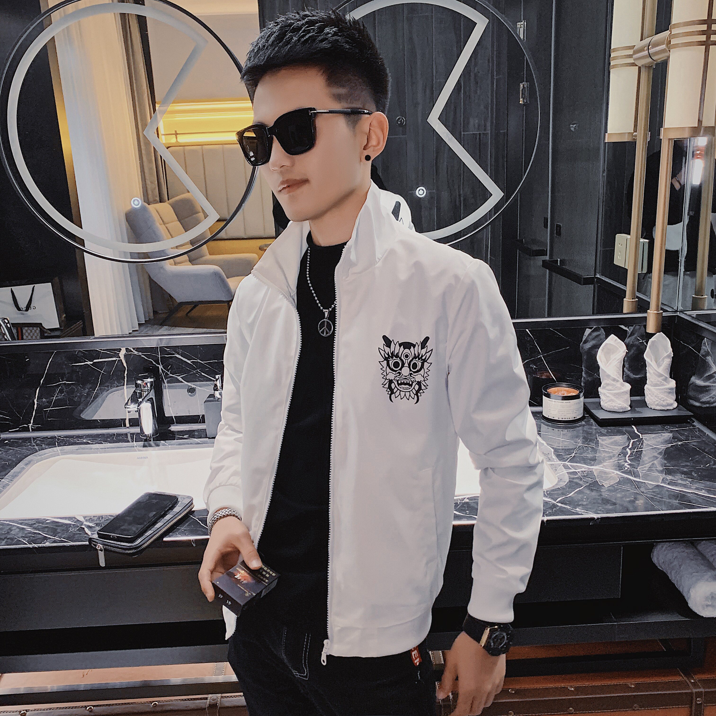 21春款社会小伙韩版修身印花立领拉链夹克外套1J,男装夹克,星座308A