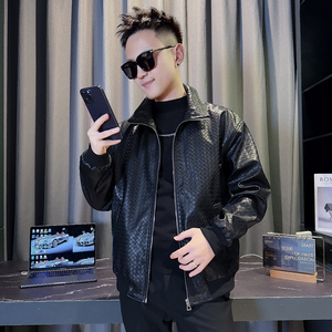 JK88029-P118控158  韩版痞帅纯色个性立领编织文理PU皮夹克外套B图片