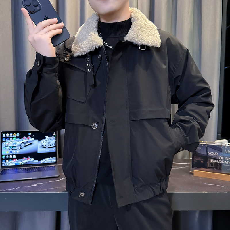 M9112-P135控175韩版潮牌纯色羊羔毛领翻领拼接加厚保暖棉衣外套F，男装棉衣，星座308A