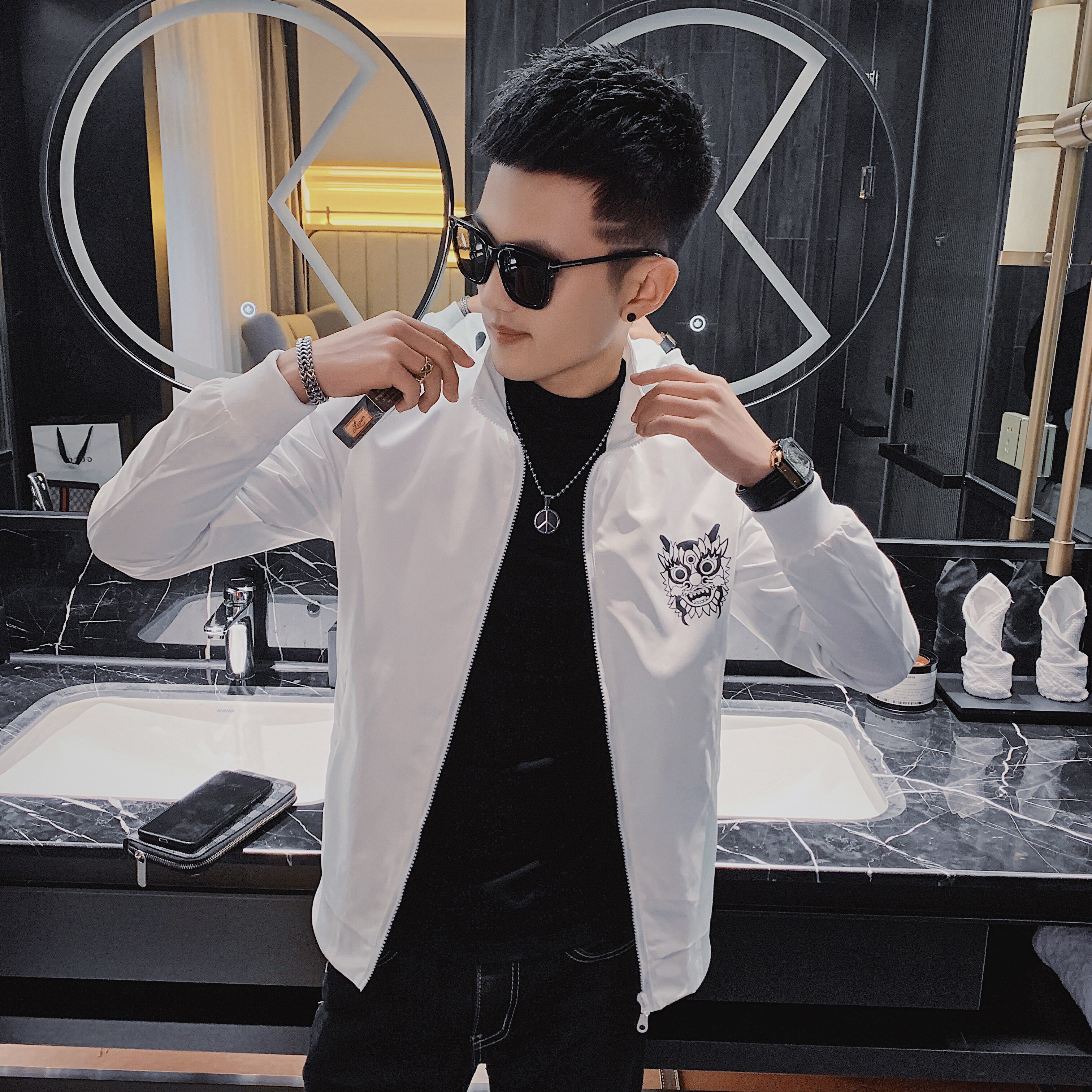 21春款社会小伙韩版修身印花立领拉链夹克外套4J,男装夹克,星座308A