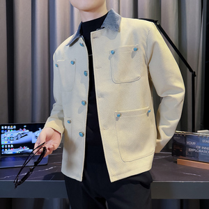 JK88009-P125控165  韩版痞帅翻领撞色拼接牛仔领小香风夹克外套D图片