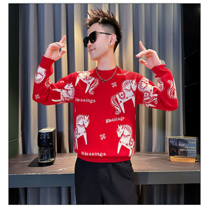 MY813-P68控98 26年货大红色本命年卡通马针织衫圆领打底衫毛衣A，男装T恤，星座308A