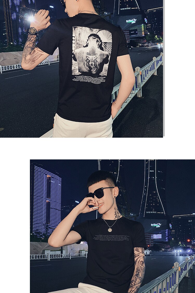 夏社会精神小伙休闲网红同款人物头像英文圆领短袖T恤GN29020-P38,男装T恤,星座308A