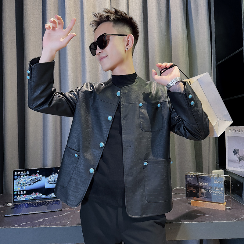 JK88008-P118控158 韩版无领纯色肌理感孔雀蓝扣子夹克外套A，男装夹克，星座308A