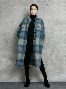 加厚羊毛格子大衣女中长款秋冬季宽松大码蓝色格纹粗花毛呢子外套