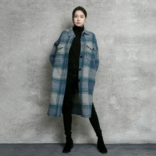 蓝色格纹粗花毛呢子外套 宽松大码 加厚羊毛格子大衣女中长款 秋冬季