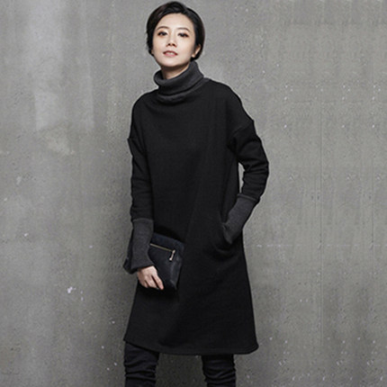 加绒卫衣裙女韩版秋冬季新款中长款保暖加厚打底裙高领内搭连衣裙