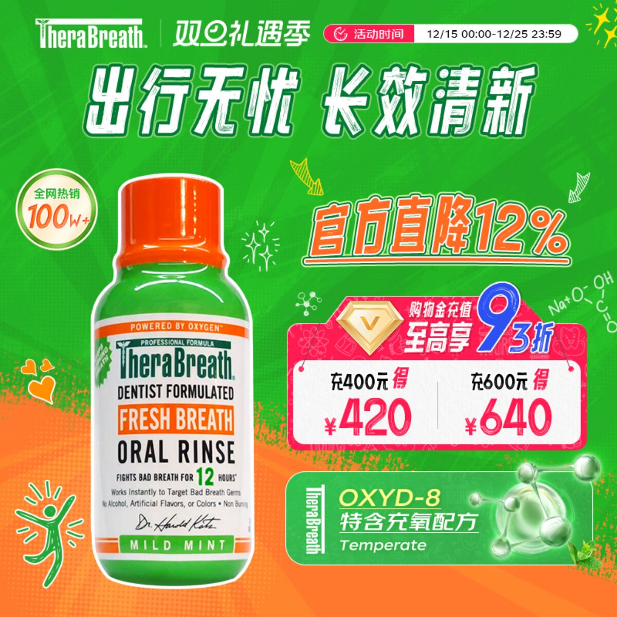 TheraBreath凯斯博士漱口水无酒精温和 清新口气 便携旅行装美国