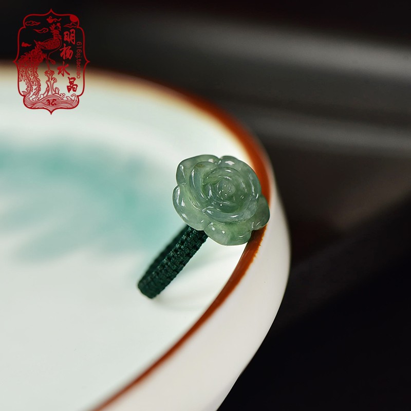 原创天然缅甸翡翠A货玉玫瑰花戒指手工编织红绳食指女款指环国风