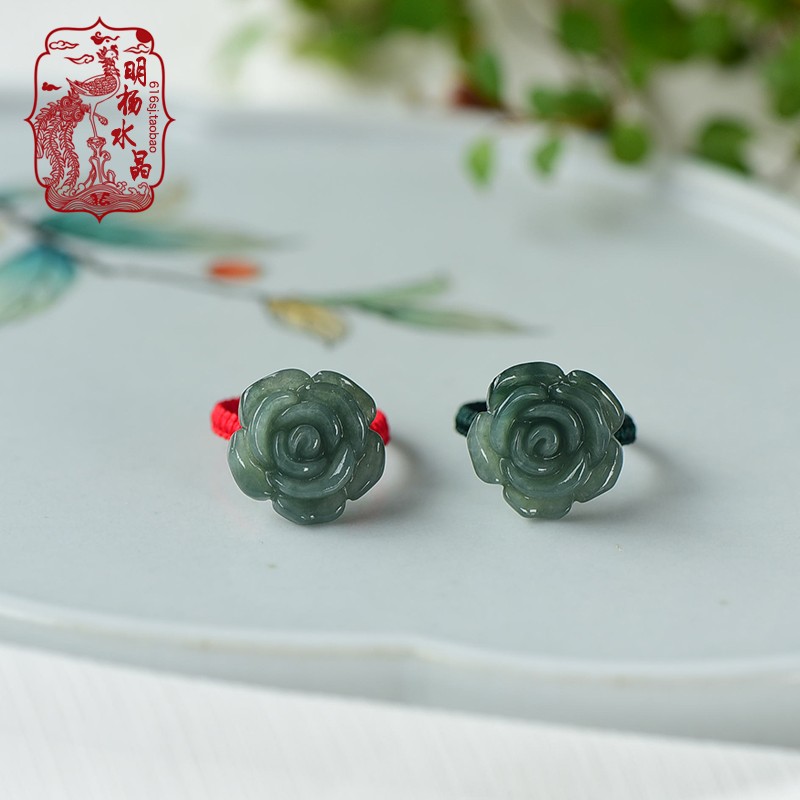 原创设计缅甸翡翠玫瑰花红绳戒指