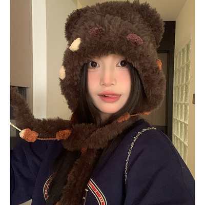 秋冬季加厚小熊耳朵可爱毛线帽女
