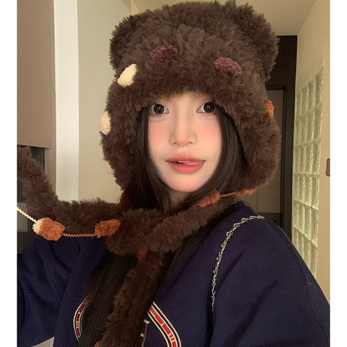 秋冬季加厚小熊耳朵可爱毛线帽女
