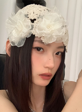 钩织镂空薄款花朵帽子2025新款夏季温柔复古包头帽甜美百搭毛线帽