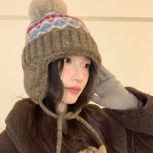 复古费尔岛风秋冬护耳保暖毛线帽